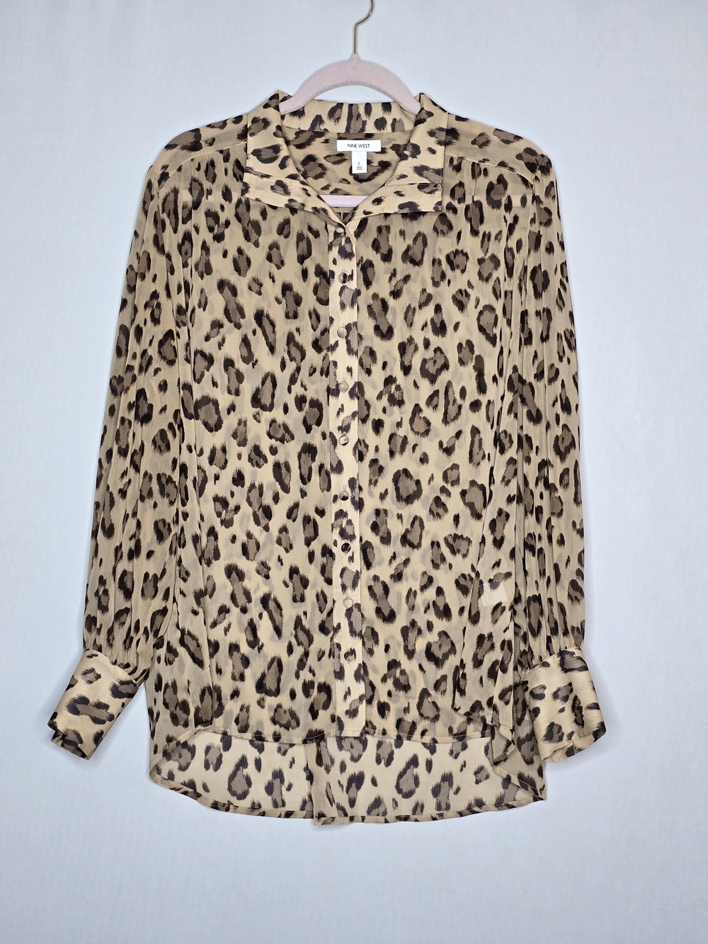 Nine West Beige Leopard Print Button-Front Blouse